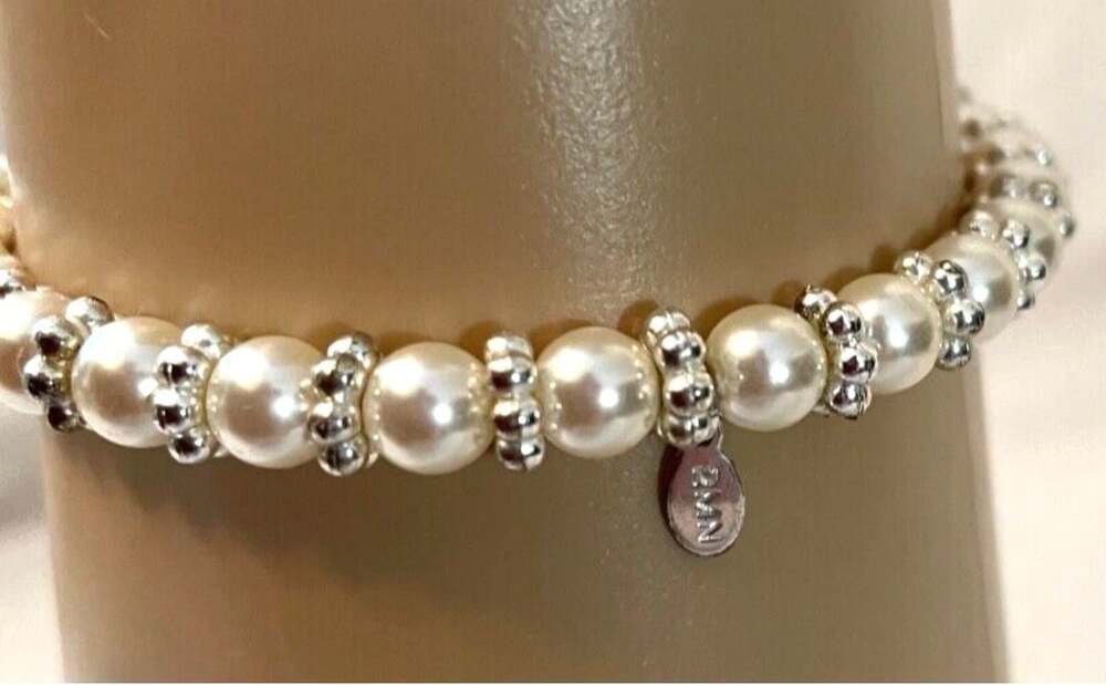 RMN Vintage Silver-Tone and Faux Pearl Stretch Bracelet